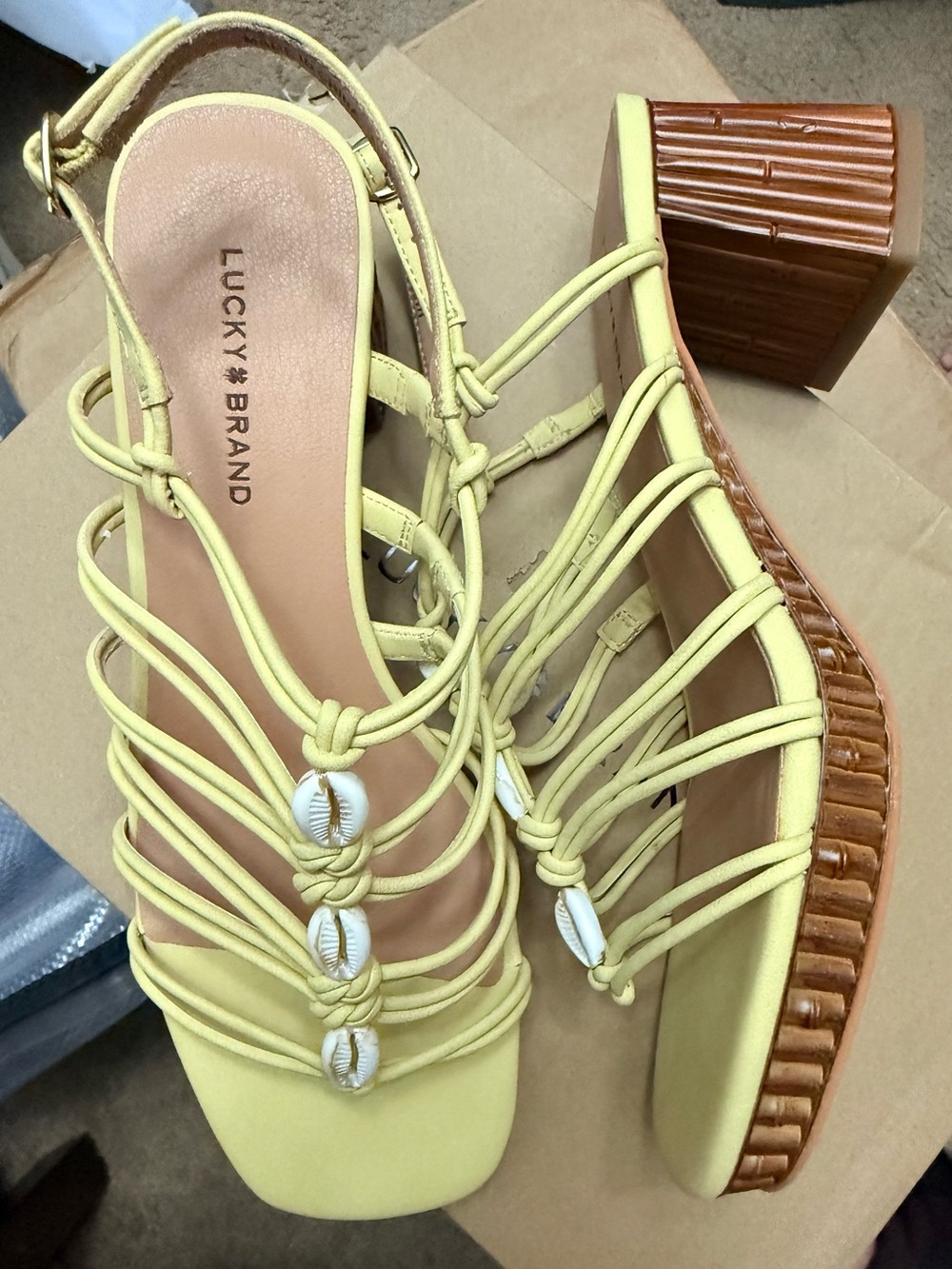 Lucky Brand Yellow Strappy Platform Sandals with Shell Accents